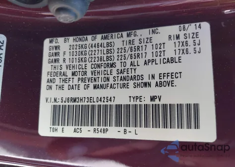 2014 Honda Cr-V Ex-L from USA, damaged, VIN 5J6RM3H73EL042547